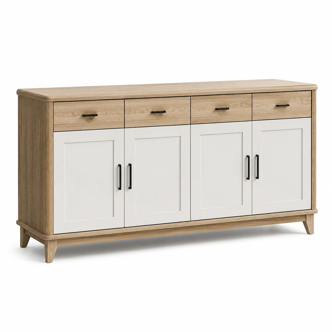 Aparador de madera y melamina con 4 puertas y 4 cajones, blanco y roble