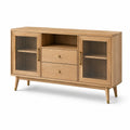 Aparador de madera con puertas de vidrio rugoso y cajones centrales 150x40x80 cm