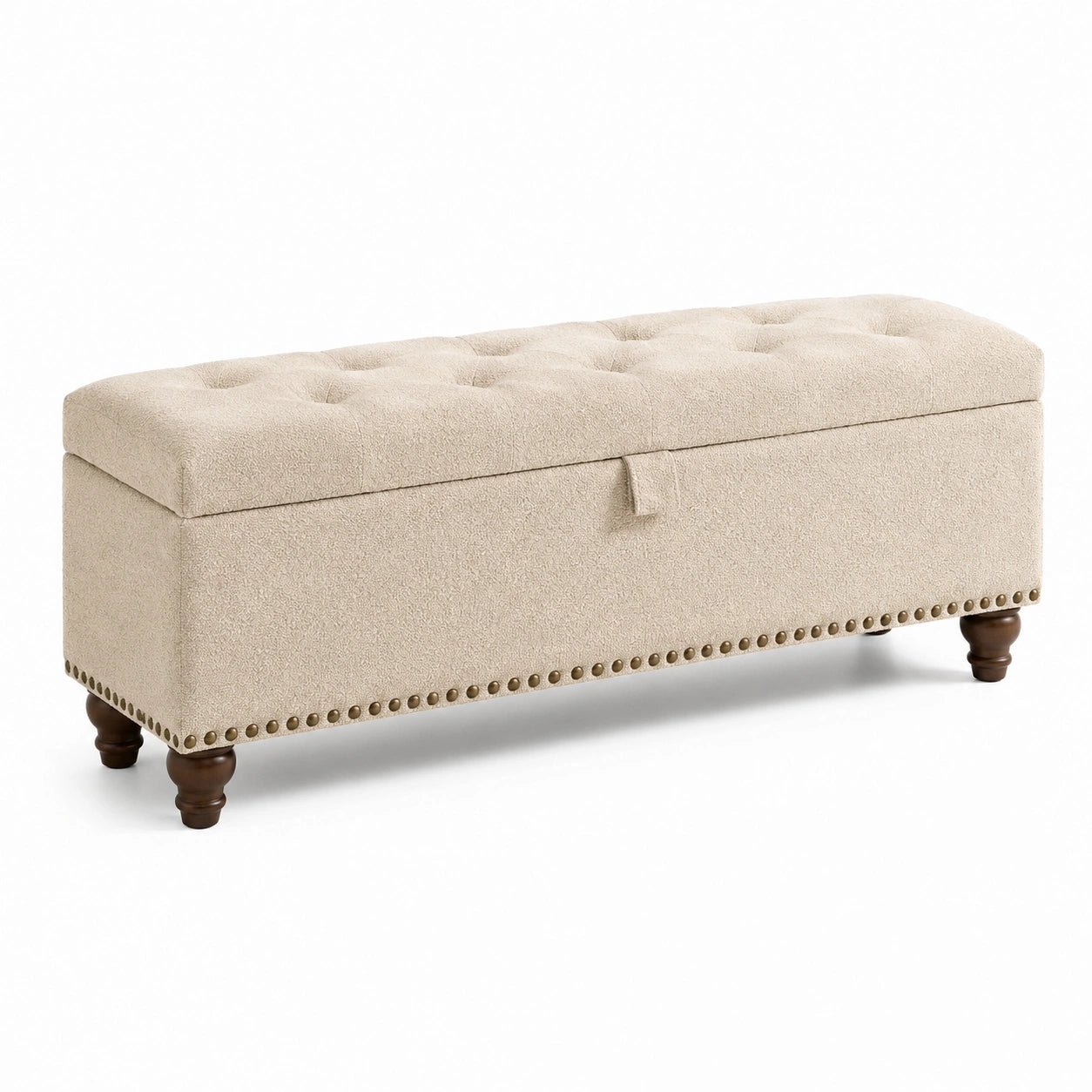 Banco de almacenamiento tapizado en poliéster beige con patas de madera