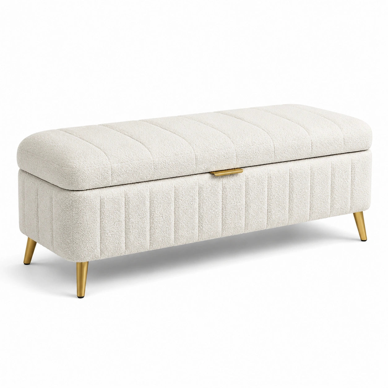 Banco de almacenamiento en tela boucle crema con patas metálicas doradas 120x40x45 cm