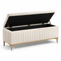 Banco de almacenamiento de poliéster beige con patas de metal dorado 120cm