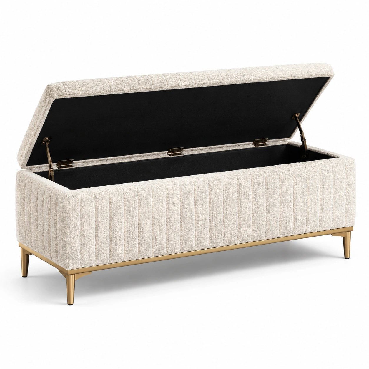 Banco de almacenamiento de poliéster beige con patas de metal dorado 120cm