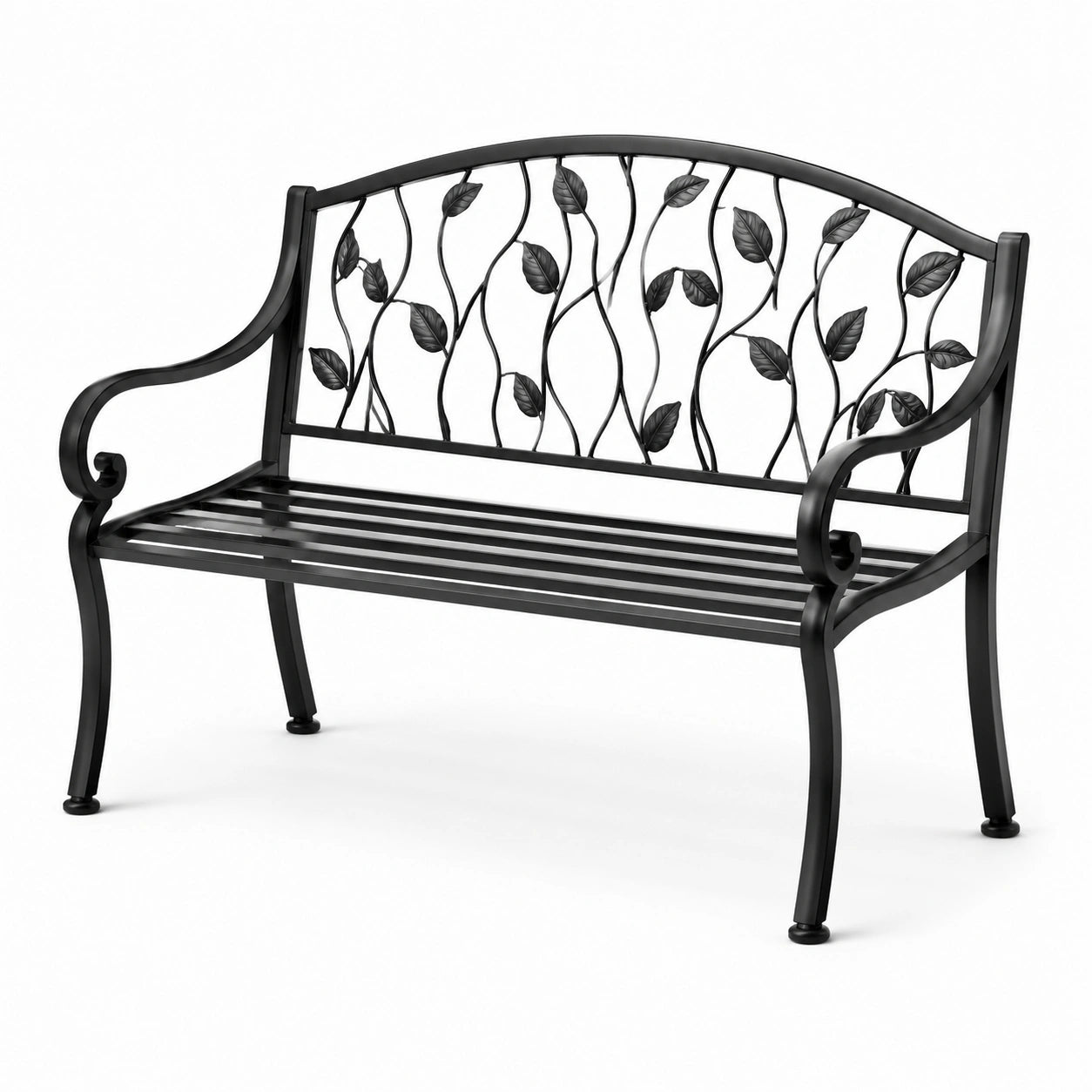 Banco de hierro negro con respaldo decorativo