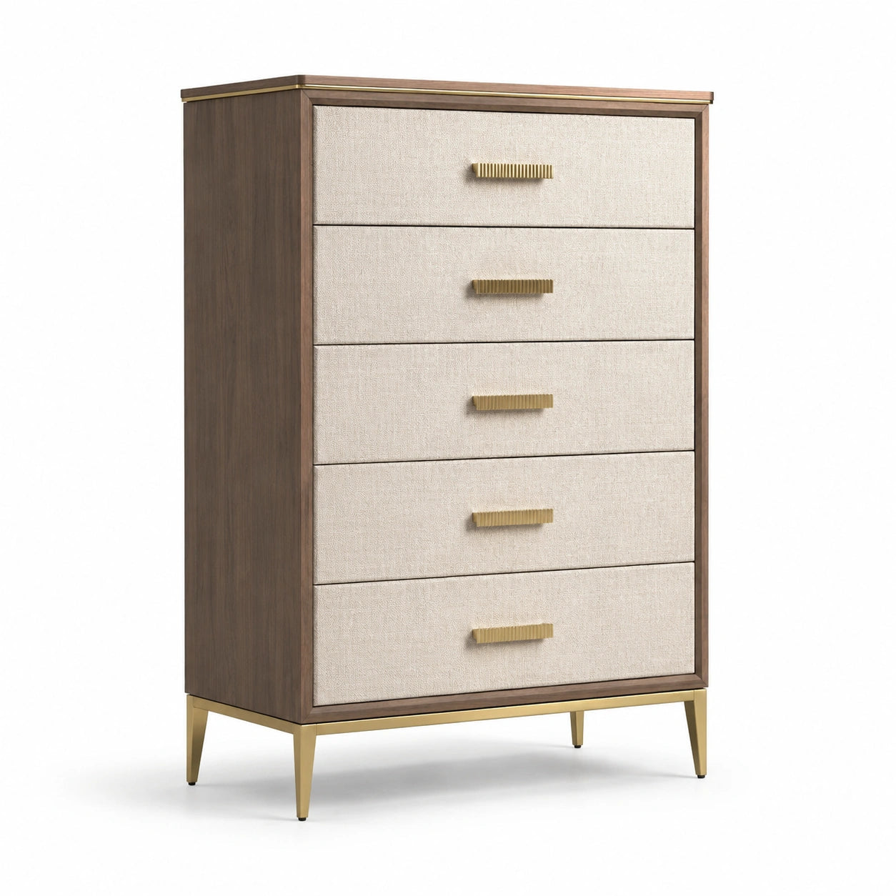 Cajonera de Madera con Tela y Metal, Cinco Cajones, Beige y Dorado