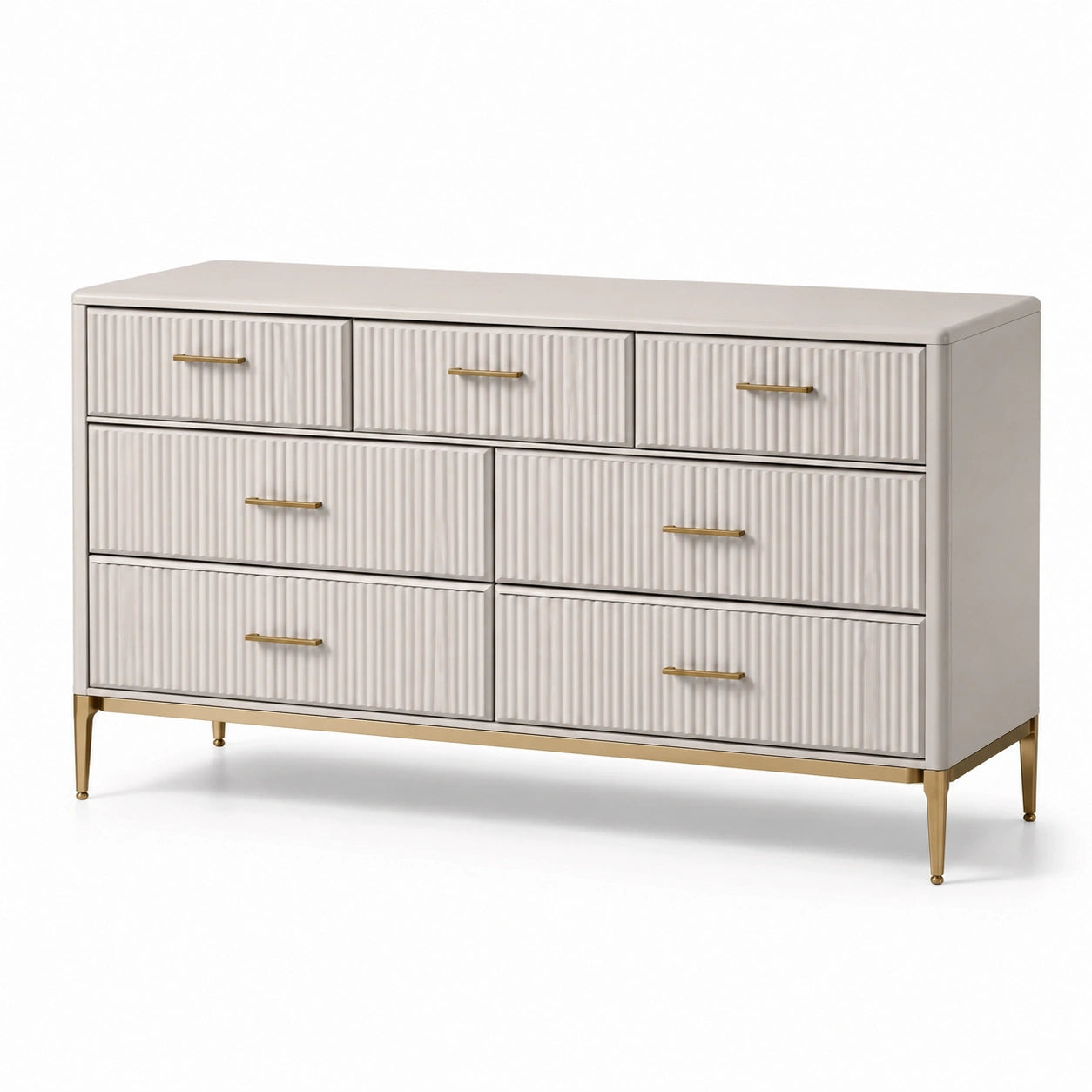 Cómoda de MDF con 6 cajones color blanco crema y patas de acero doradas