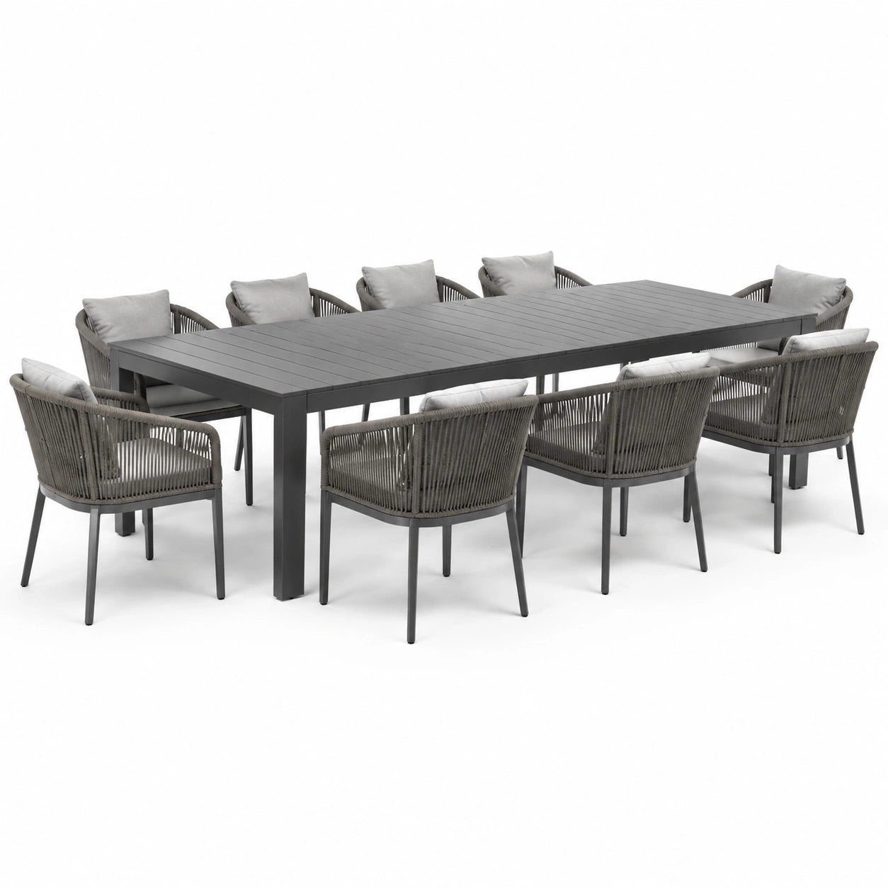 Conjunto de comedor de jardín, mesa de aluminio y sillas de cuerda gris