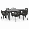 Conjunto de comedor de jardín de aluminio negro con mesa y 6 sillas de cuerda