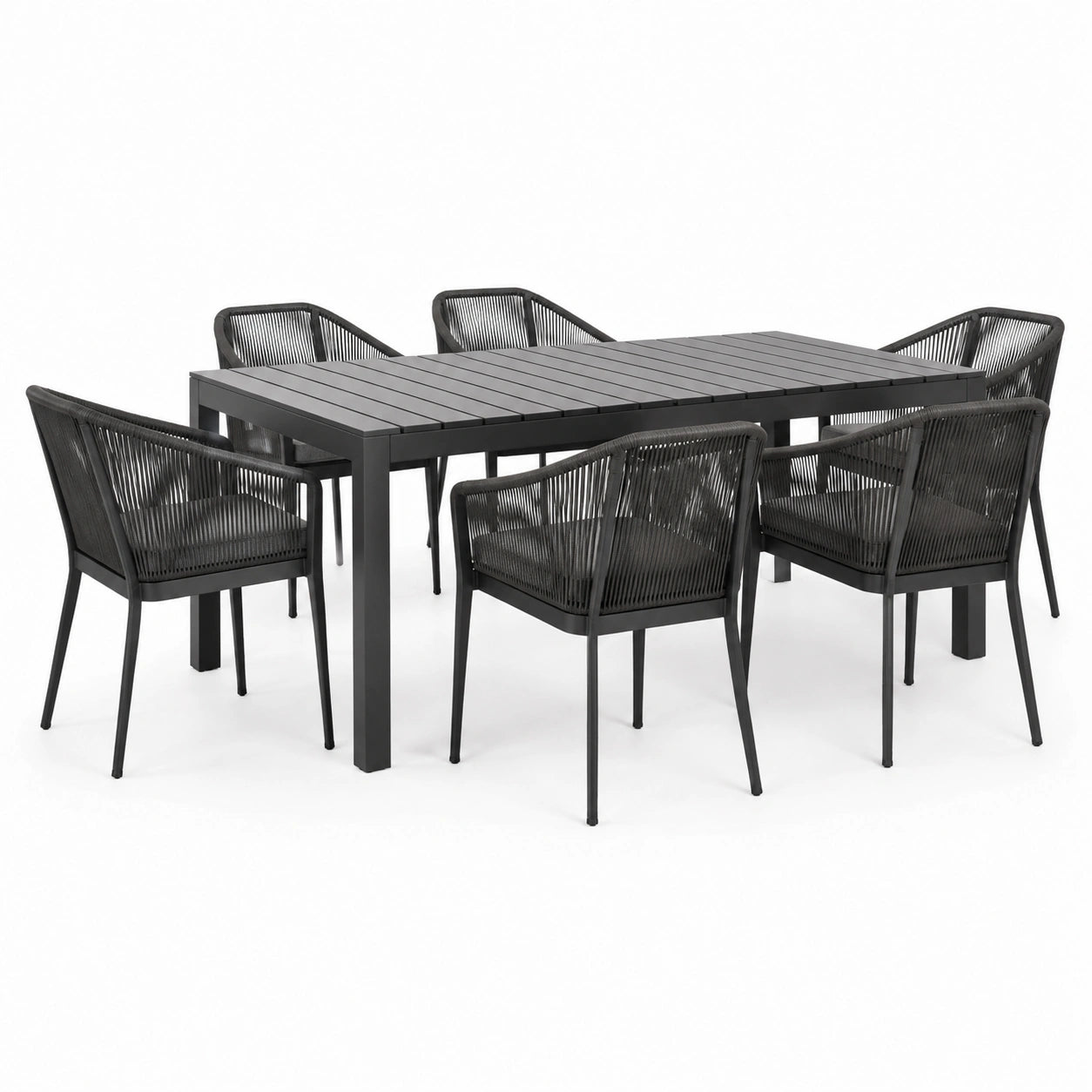 Conjunto de comedor de jardín de aluminio negro con mesa y 6 sillas de cuerda